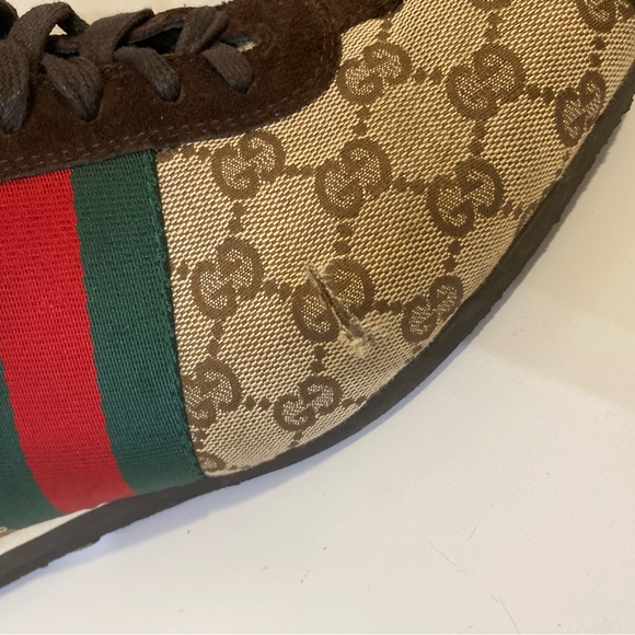 Gucci Brown/Beige Suede And GG Canvas men shoes Sneakers Sz G 10 US 11 - Picture 14 of 15